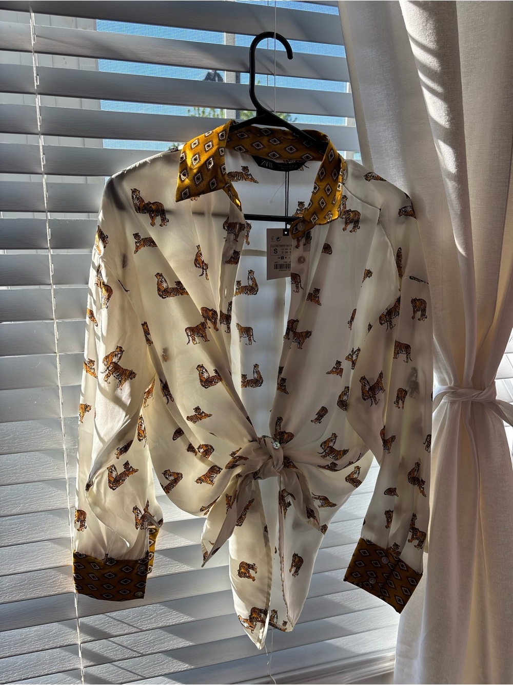 Neutral Tiger-Print Tie-Front Shirt with Mustard Trim from Zara
